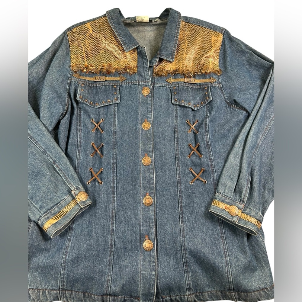 VTG 90s Nancy Bolen Western Boho Denim Shacket Snake Print Feather Trim Sz 18 - Picture 3 of 16